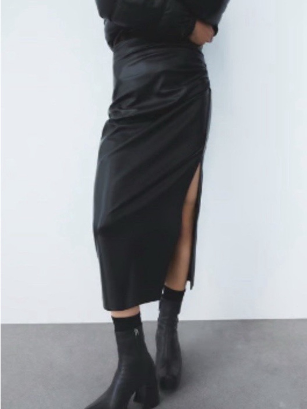 Zara Black Midi Leather Skirt with Ruching and High Slit